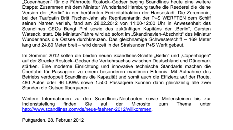 Scandlines tauft Minifähre „Berlin“ im Miniatur Wunderland Hamburg
