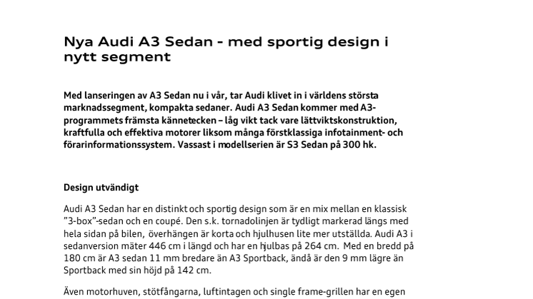 Nya Audi A3 Sedan - med sportig design i nytt segment