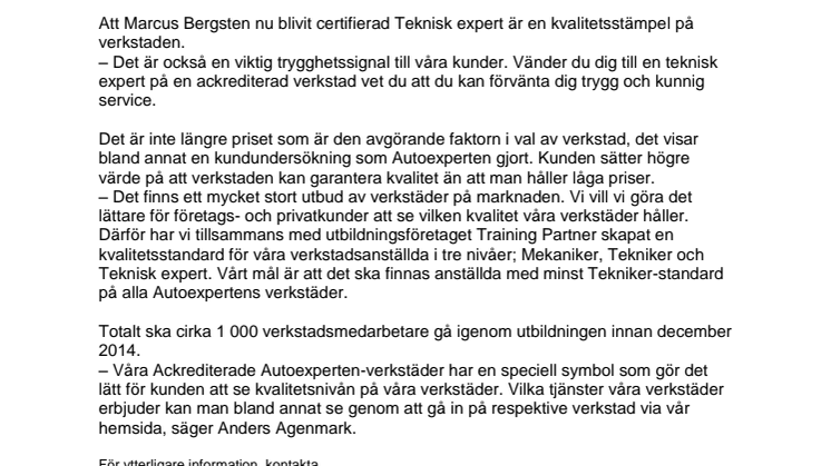 Först ut som Teknisk expert i Autoexpertens kvalitetssatsning