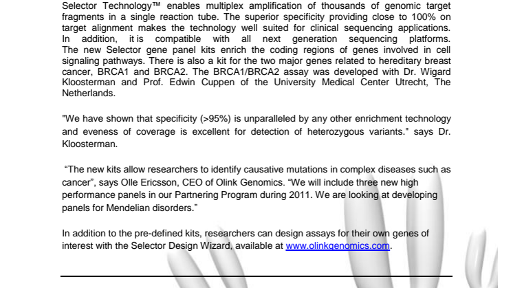 Olink Genomics extends the Selector product line with optimized gene panel kits