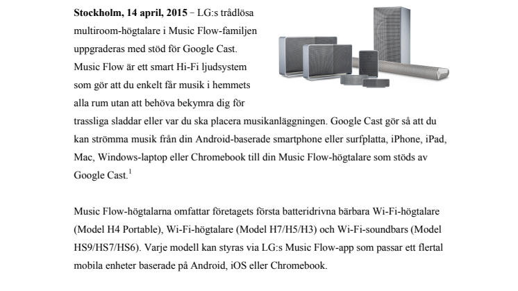LG:S MUSIC FLOW-HÖGTALARE ERBJUDER ÄNNU FLER LYSSNARMÖJLIGHETER MED GOOGLE CAST