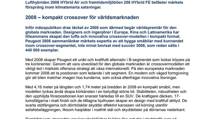 Peugeot på bilmässan i Genève: Premiär för 2008 och stark miljöbilsoffensiv