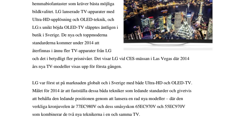 OLED OCH ULTRA-HD DOMINERAR NÄR LG PRESENTERAR ÅRETS NYA TV-MODELLER