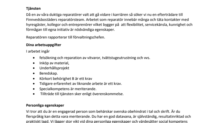 Reparatör sökes till Finnvedsbostäder