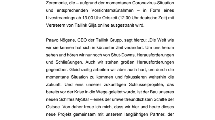Eines der umweltfreundlichsten Schiffe der Ostsee: Tallink Silja startet Bau der MyStar