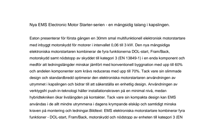 Eaton lanserar ny elektronisk motorstartare - en mångsidig talang i kapslingen