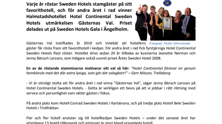 Priset Gästernas Val vinns av Hotel Continental Sweden Hotels – igen!