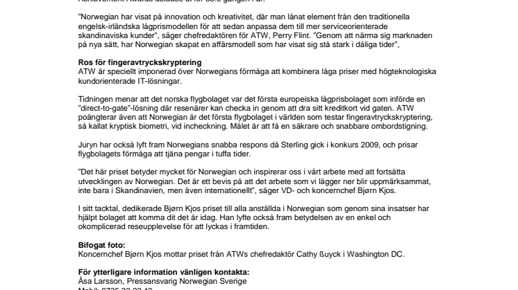 Norwegian mottog flygbranschens "Oscar" i Washington