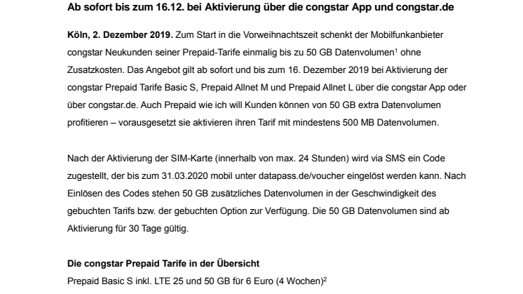 congstar Weihnachtsaktion: 50 GB Datenvolumen extra bei Prepaid Tarifen