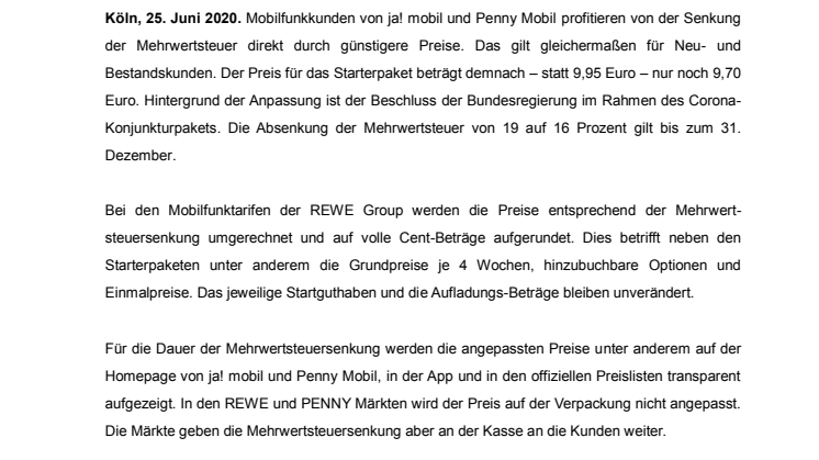 Penny Mobil und ja! mobil geben Mehrwertsteuersenkung an Kunden weiter