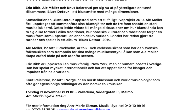 Blues Detour – Eric Bibb, Ale Möller & Knut Reiersrud på Palladium Malmö 17 november