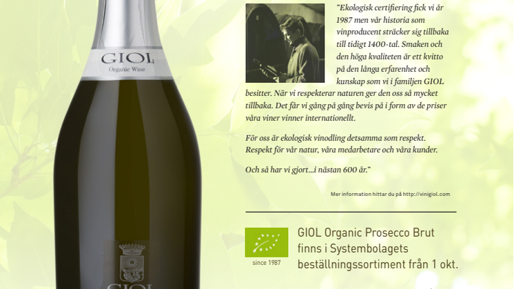 GIOL Organic Prosecco Brut - en ren ekologisk Prosecco från Italiens äldsta vinproducent