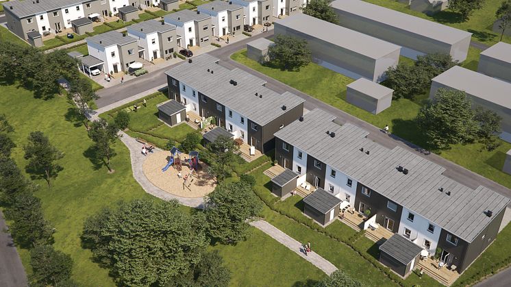 Översiktsillustration av de nya husen i BoKlok Piren, Errarp, Ängelholm.