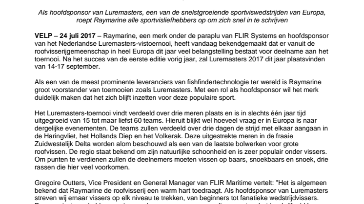 Raymarine: Maximaal aantal inschrijvingen voor het door Raymarine gesponsorde Luremasters-toernooi bijna bereikt