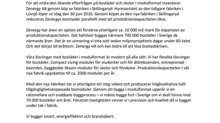 Zenergy expanderar och sänker kostnaderna genom köp av fabrik i Skillingaryd