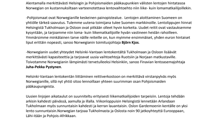 Norwegian avasi suorat lennot Helsingistä Tukholmaan ja Osloon