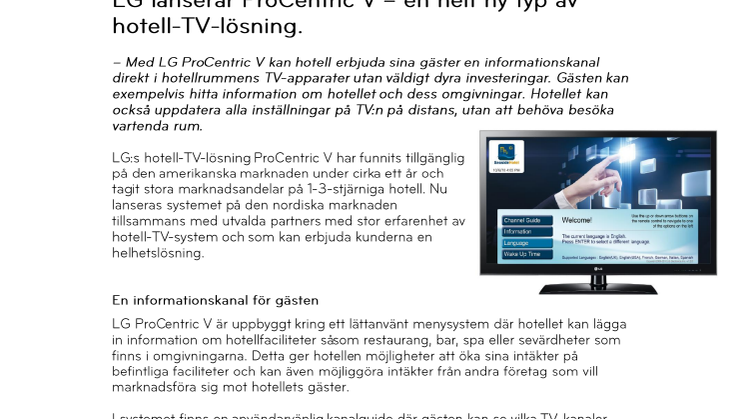 LG lanserar ProCentric V – en helt ny typ av hotell-TV-lösning
