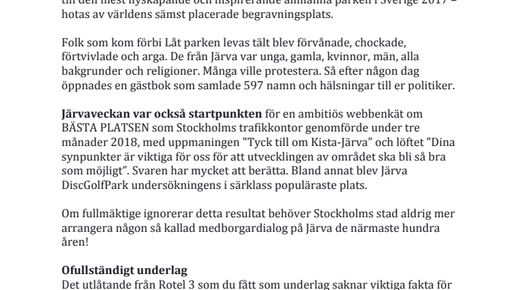 Hälsning till kommunfullmäktiges ledamöter från Järva /Låt parken leva
