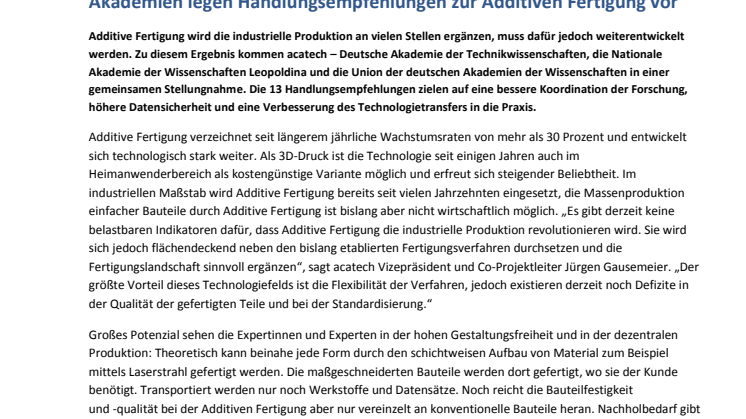 Akademien legen Handlungsempfehlungen zur Additiven Fertigung vor