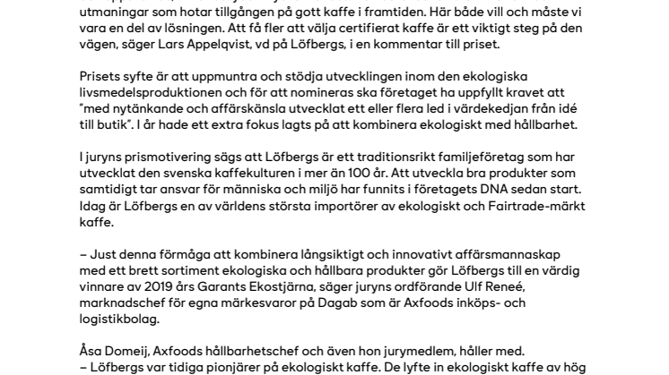 Garants ekopris till Löfbergs