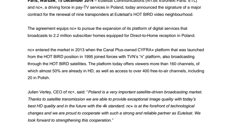 Poland’s nc+ extends long-term Eutelsat relationship with  HOT BIRD satellite capacity renewal
