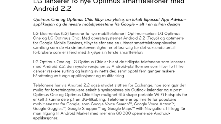 LG lanserer to nye Optimus smarttelefoner med Android 2.2