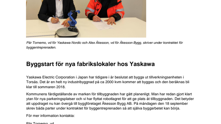 Byggstart för nya fabrikslokaler hos Yaskawa 