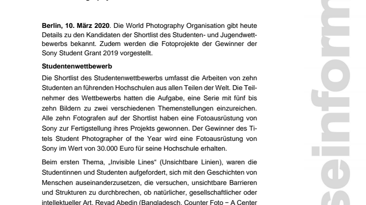 Sony World Photography Awards: Die Shortlist des Jugend- und Studentenwettbewerbs 2020 steht fest
