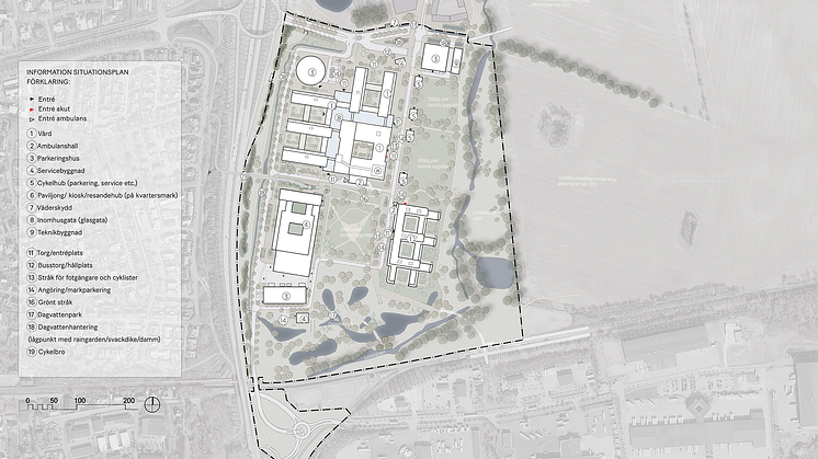 Illustrationsplan som visar disposition och gestaltning av nya sjukhusområdet i Helsingborg