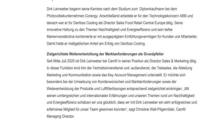 Staffelübergabe: Dirk Leinweber übernimmt Vertriebsleitung der Camfil GmbH