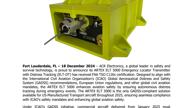 December 2024 - ACR Electronics Receives TSO Approval for ELT DT for US-Manufactured Transport Aircraft.pdf