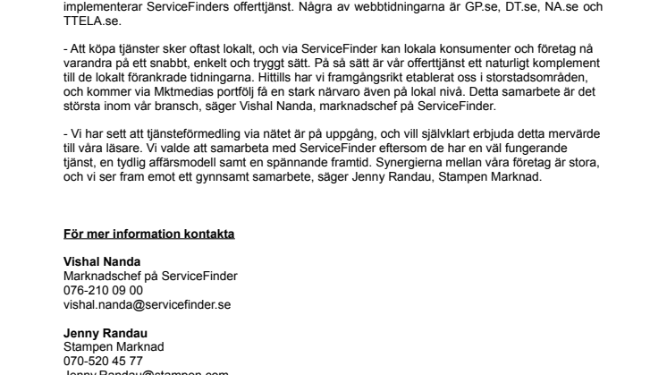 ServiceFinder inleder strategiskt samarbete med  Mktmedia och Stampen-gruppen