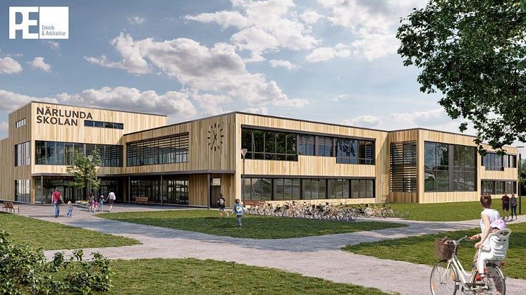 Visionsbild av Närlundaskolans framtida huvudbyggnad. Illustration: PE Teknik & Arkitekter