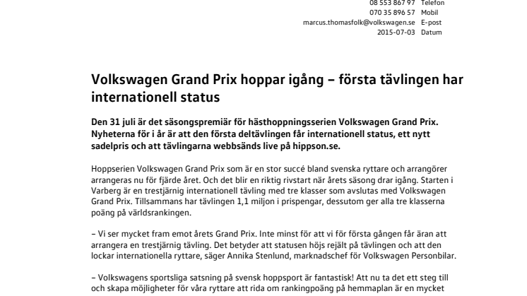 Volkswagen Grand Prix hoppar igång – första tävlingen har internationell status