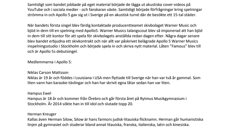 Pojkbandet Apollo 5 släpper idag debutsingeln ”Famous”