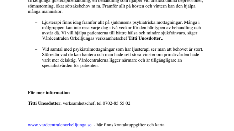 Vårdcentralen Örkelljunga först med ljusterapi