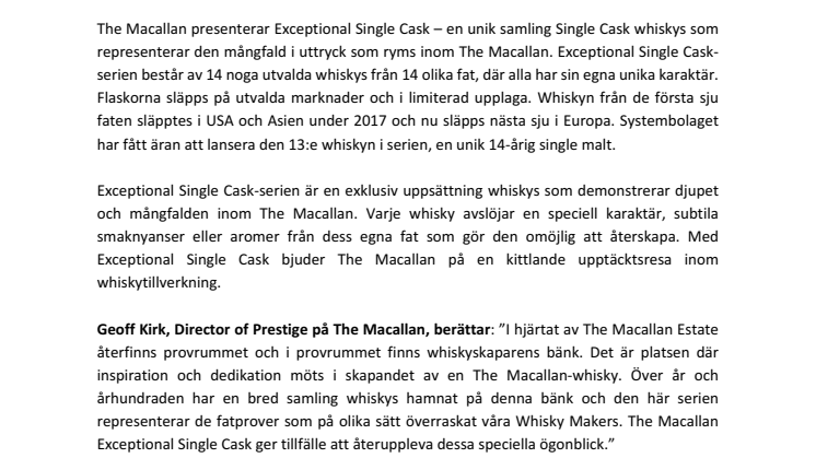 The MACALLAN Exceptional single cask  lanseras imorgon - Rättelse gällande kvantitet 