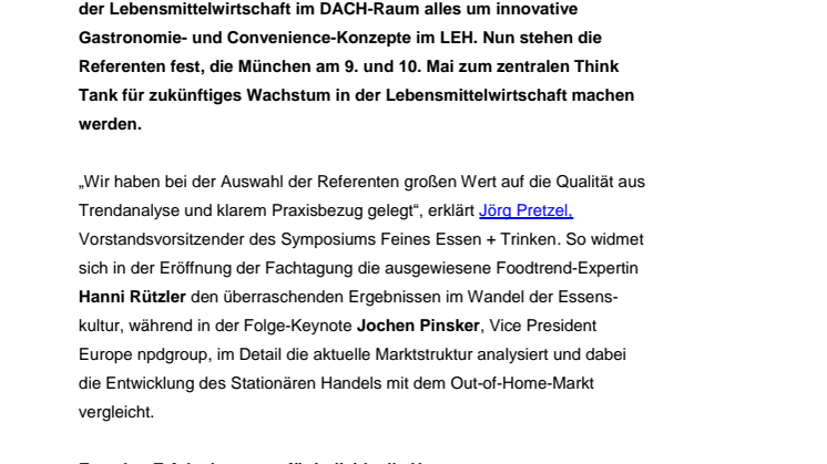 Prominente Referenten: Symposium Feines Essen + Trinken vereint Trends mit Praxisbezug 