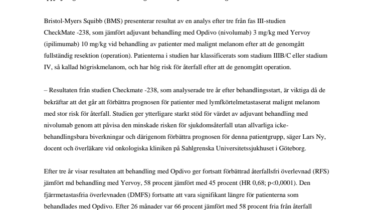 Treårsdata visar att Opdivo efter operation ger fortsatt förbättrad återfallsfri överlevnad hos patienter med högriskmelanom