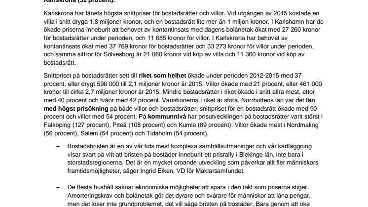 Bostadsbristen har skapat historiskt hög prisutveckling i Blekinge län åren 2012-2015