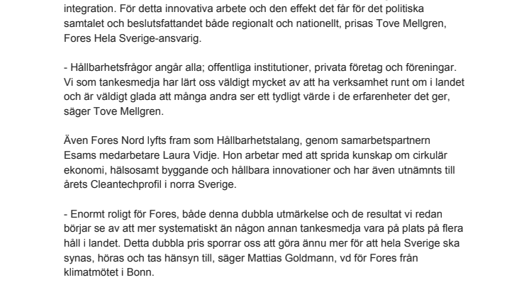  Fores Hela Sverige-ansvarig utsedd till Årets Hållbarhetstalang