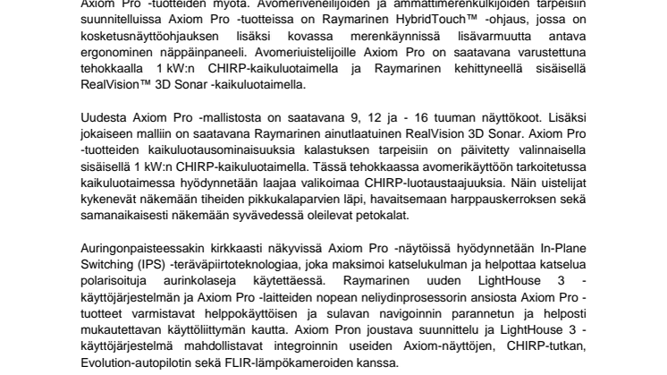Raymarine:  FLIR Systems julkistaa kehittyneet Raymarine Axiom Pro -monitoiminäytöt 