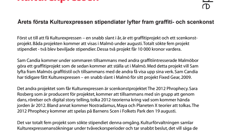 Årets två första Kulturexpressen stipendiater lyfter fram graffiti- och scenkonst i Malmö