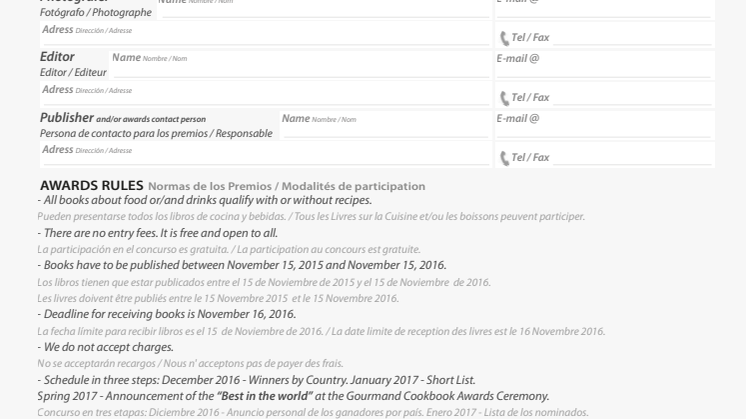 Entry form Gourmand Awards