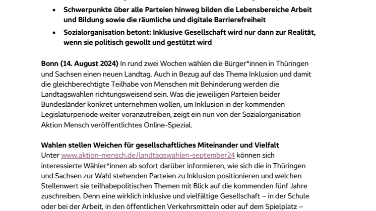 Landtagswahlen in Thüringen und Sachsen am 1. September: Aktion Mensch veröffentlicht Online-Spezial zu Inklusion