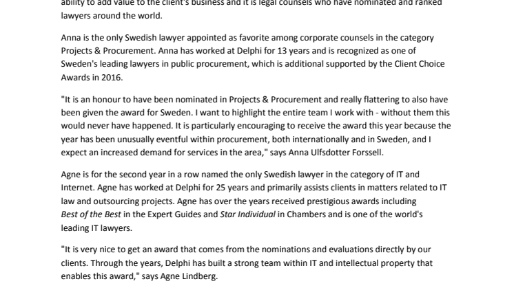 Delphi favorite among legal counsels in the Client Choice Awards 2016
