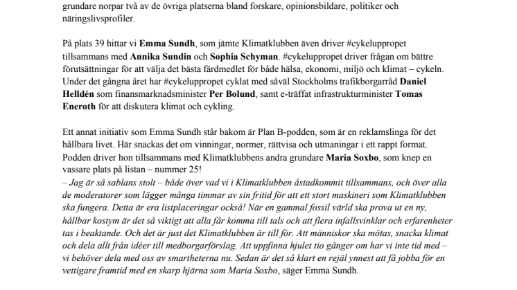 Klimatklubbens grundare bland 101 hållbarhetsmäktigaste
