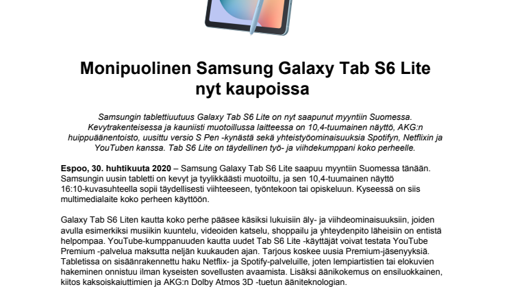 Monipuolinen Samsung Galaxy Tab S6 Lite nyt kaupoissa 