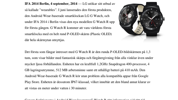 PREMIÄR PÅ IFA 2014 FÖR LG:s NYA SMARTKLOCKA  G WATCH R 