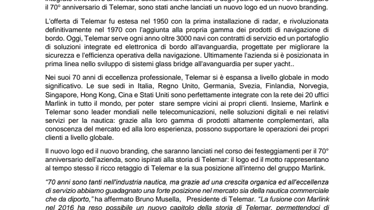 Marlink: Telemar, pioniera dell'elettronica marittima, compie 70 anni